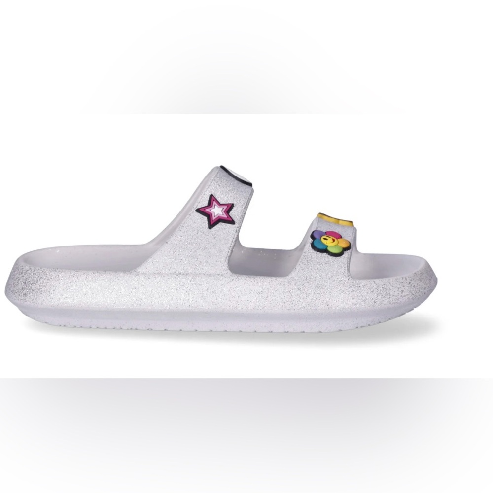 Women’s Glitter Slide Sandals Double Banded with 70s Style Emoji Charms - Picture 3 of 6